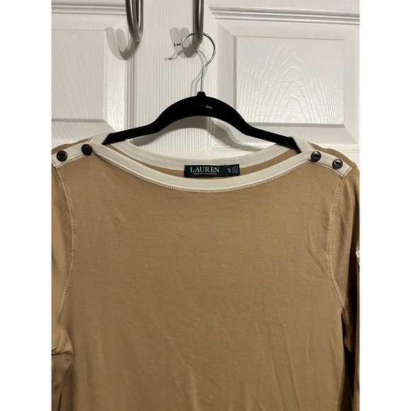 Ralph Lauren Womens XL 3/4 Sleeve Boat Neck Tee Shirt Pocket Sleeve Beige Brown - Picture 7 of 9